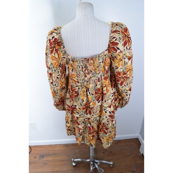 & Other Stories Baby Doll Dress M Linen Short Neutral Floral Long Sleeve Square - Picture 3 of 6